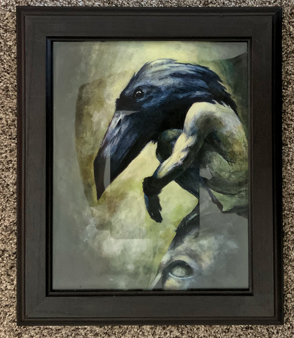 Fine art print of a man with a raven's head, crouching on a statue. It's called Raven Man. 